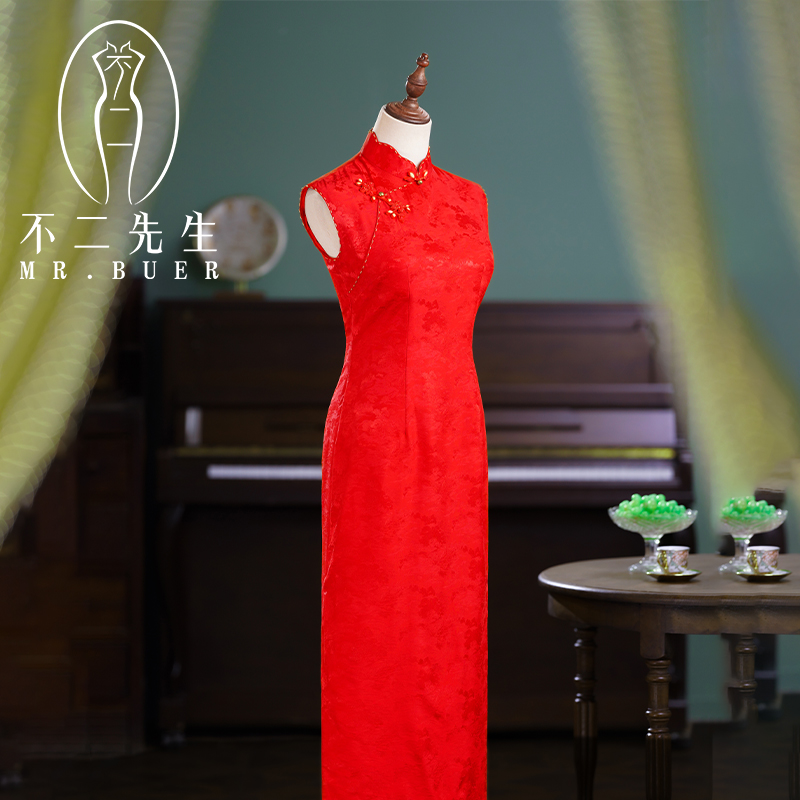红色旗袍真丝妈妈婚宴装敬酒服
