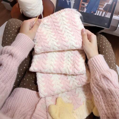 粉雪花圣诞树围巾毛线手工diy材料拼色钩织保暖围脖情侣闺蜜