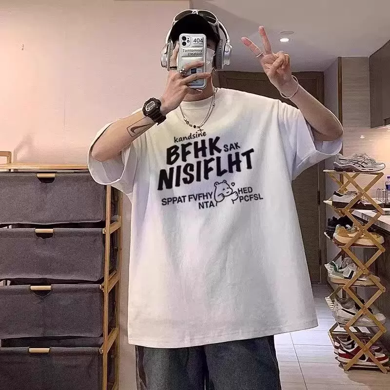 杰小咩 夏季小熊英文短袖T恤套装流行帅气一套搭配高街牛仔裤