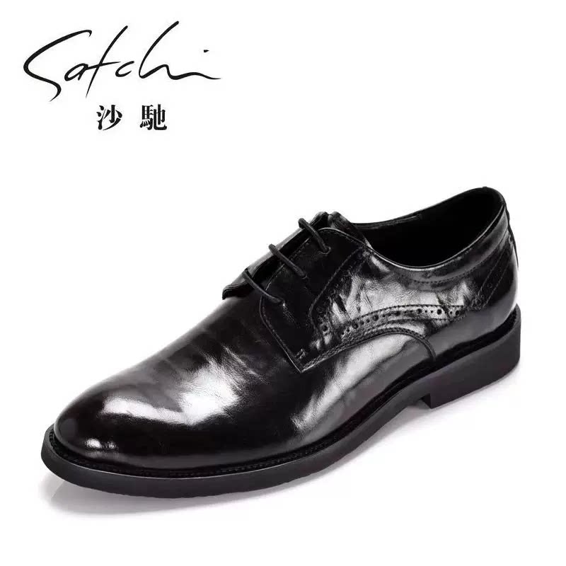 沙驰男鞋春秋新款商务休闲真皮英伦黑色系带透气皮鞋男正装德比鞋
