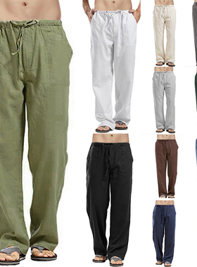 Cotton Linen Plus Size Men's Pocketed Casual Long Pants