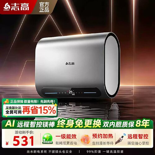 志高一级能效电热水器家用储水式卫生间洗澡50升速热双胆扁桶节能