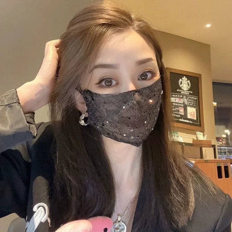 黑色网红个性面纱女夏季新品蕾丝镶钻透气装饰口罩防晒护眼角面罩