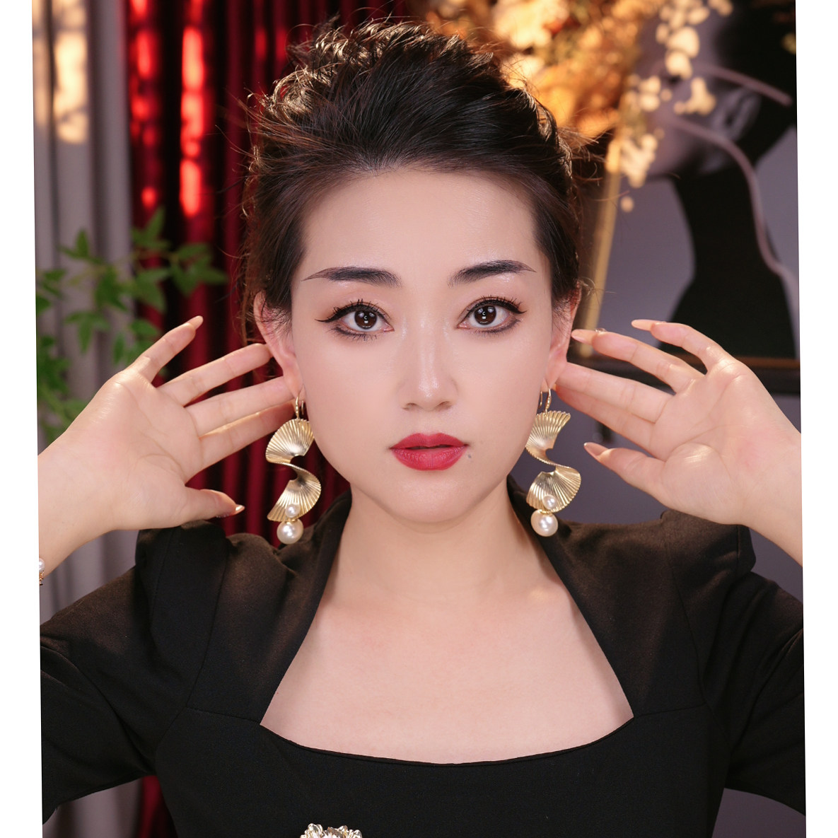 naingirl金色螺旋纹珍珠耳环女长款垂坠气质赫本风大女主 e3002