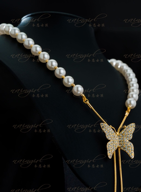 naingirl珍珠项链女蝴蝶吊坠轻奢气质锁骨链X8809