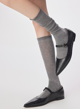 小腿袜子女春秋款防下滑长筒卷边堆堆袜秋冬季保暖无骨羊毛袜灰色