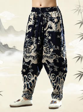 2026中国风新款民族风男裤 休闲印花吊裆裤 宽松龙纹弧形裤灯笼裤