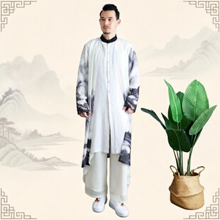 2026新款复古山水小布扣长衫夏季麻凡布衣雪纺印花长袖男式衬衫