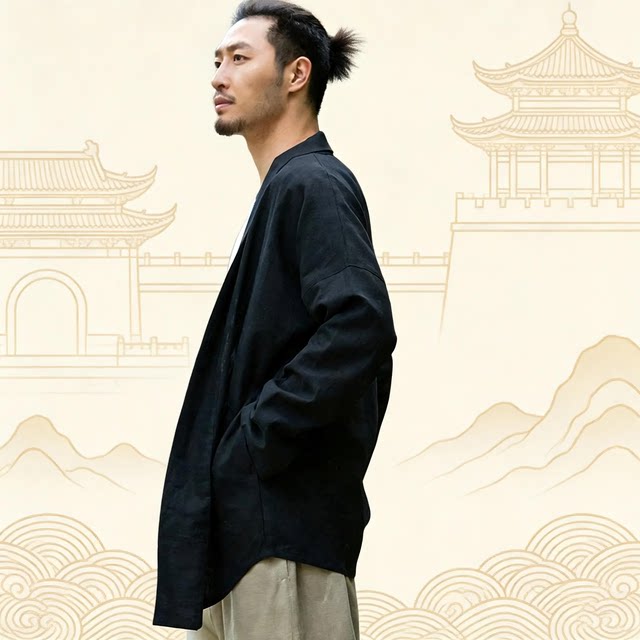 春季男装上衣苎麻开衫款麻2025新款无扣外套秋民族风纯色中长款