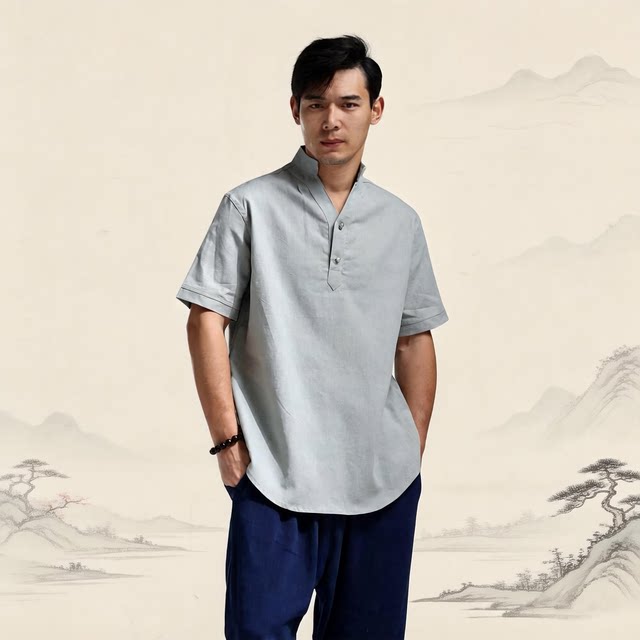 麻凡布衣夏季新品棉麻男装文艺风亚麻休闲T恤短袖茶服银扣时尚T恤