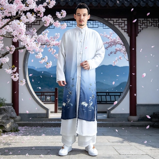新款古风百鸟假两件男装中式休闲男士长衫雪纺印花大褂演出服