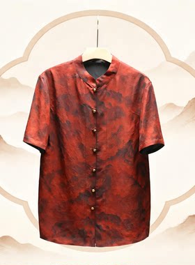 中国风香云纱男装长短袖双面双穿唐装桑蚕丝新中式红云纱男式衬衫
