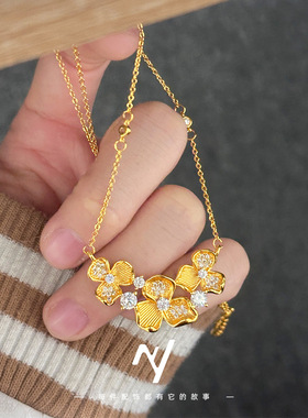 越南沙金镶钻鸢尾花项链女金店同款高级感久不掉色花朵锁骨链耳钉