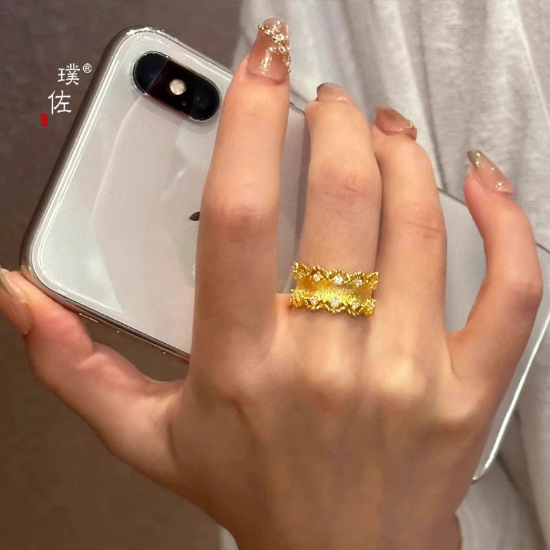 金店同款越南沙金拉丝镶钻蕾丝花边戒指女中古老钱风轻奢精致指环
