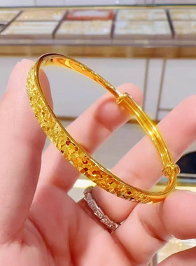 黄金色碎碎冰推拉沙金手镯新款爆闪实心调节手环女款气质锡金手镯