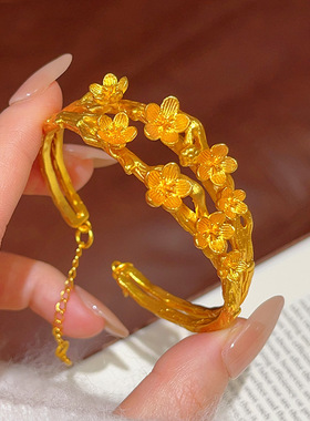 金店同款复古越南沙金拉丝双层桃花枝手镯錾刻桃之夭夭镯子精致送