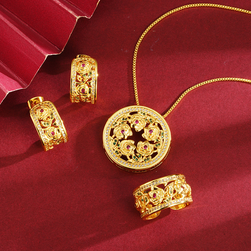 越南沙金富贵花环项链耳环古法锡金戒指镂空女士气质国潮黄金百搭