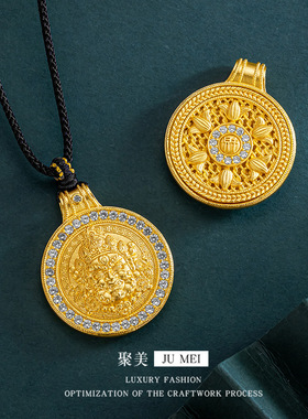2025新款古法越南沙金镶钻黄财神项链女黄金五路双面点钻圆牌挂坠