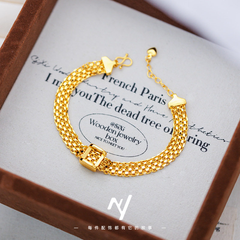 越南沙金轻奢中古编织黄金色方块表带手链女复古高级感绸缎手链