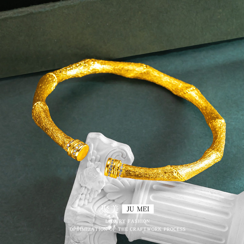 越南沙金拉丝竹节镶钻手镯古法缎造贵气竹节拉丝手镯黄金饰品