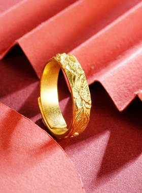 越南沙金中国风桃花女戒活口可调节古法工艺黄金戒指饰品