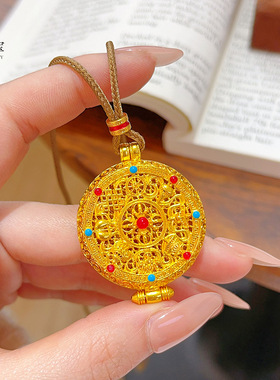 韦雪同款沙金烧蓝十字金刚杵八宝罗盘吊坠项链镂空嘎乌盒毛衣链女