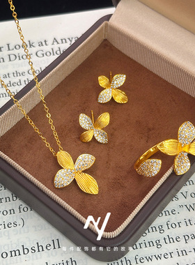 越南沙金百合花套装轻奢高级感千金风仿真黄金四叶花项链戒指耳钉