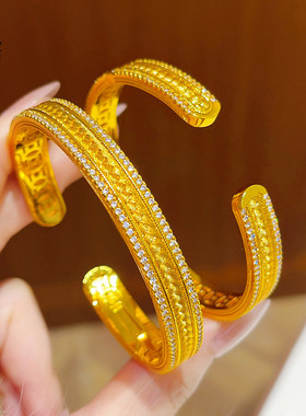 同款古法越南沙金点钻麻花腰缠万贯手镯镂空錾刻实心开口镯子送礼