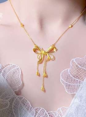 新款久不掉色越南沙金丝带蝴蝶结锁骨锡金项链女款黄金项坠