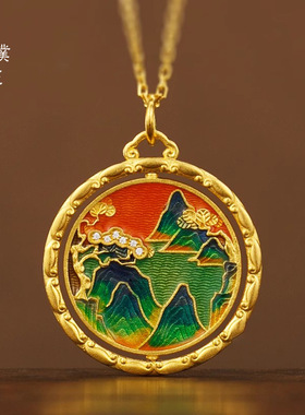 莫桑石千里江山转心配越南沙金吊坠手牌珐琅古画古法黄金项链