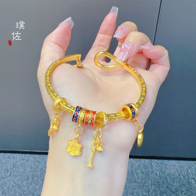 金店同款沙金新中式国风醒狮吉言四方聚财开口可调节黄金手镯女士