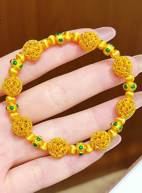 新中式古法越南沙金镂空绣球绿宝猫眼手链珐琅车花圆珠手串国风女