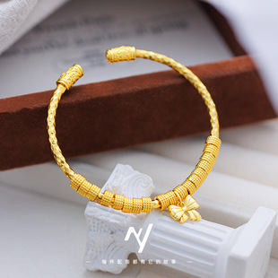 越南沙金国风黄金色盘缠蝴蝶结手镯女个性手环开口金店同款新中式