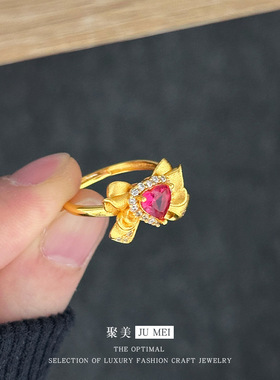 设计感甜美蝴蝶越南沙金戒指轻奢时尚百搭红钻古法红爱心开口戒指