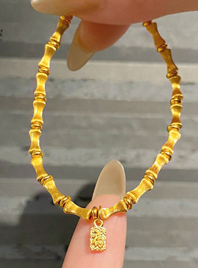 新中式复古沙金拉丝小福牌丝绒竹节手链节节高生竹子手串女送礼物