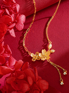 越南沙金镀金双生花锁骨套链 周家同款婚庆新娘花嫁花朵锁骨项链