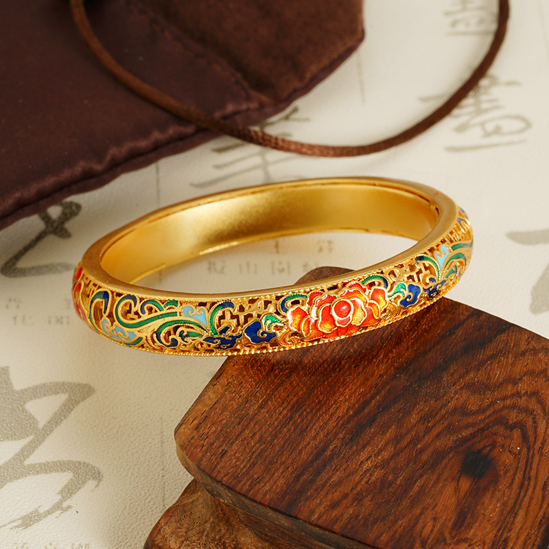 古法传承富贵花女黄金手镯生气质国潮越南沙金镂空宫廷吉祥图案