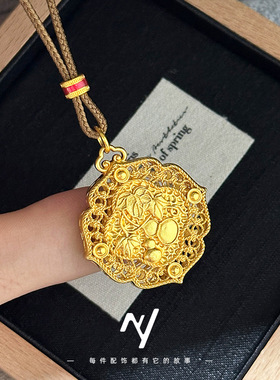 新中式设计感镂空幸福双葫芦花丝福禄吊坠越南沙金古法金挂绳项链