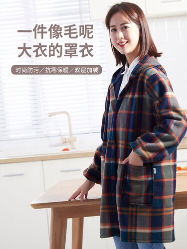 高颜值摇粒绒罩衣女新款冬季加绒加厚小个子珊瑚绒防脏工作服围裙