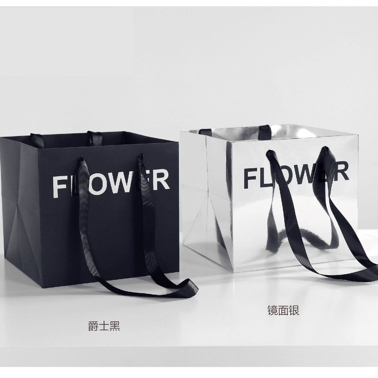 镜面手提袋网红高级鲜花礼盒花束手提袋正方形抱抱桶礼品袋