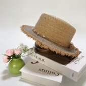 夏季 拉菲草毛边平顶帽女染色宝石装 饰遮阳防晒凹造型宽檐度假出游