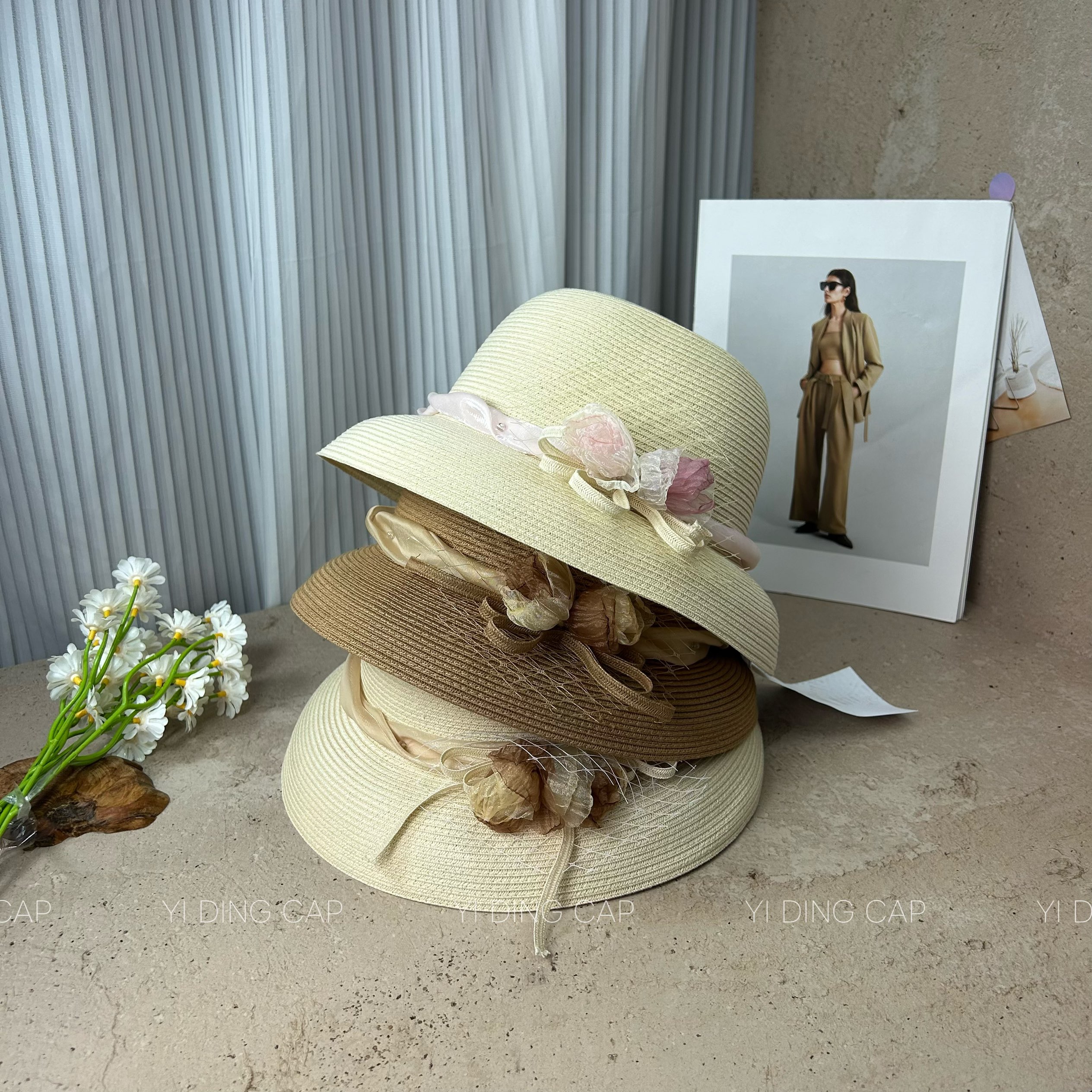 仿麻立体郁金香花苞防晒草帽女