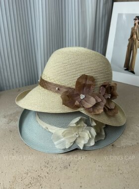 高品质日本ca4 花朵卷边大沿渔夫帽子女夏季防晒草帽沙滩圆顶盆帽