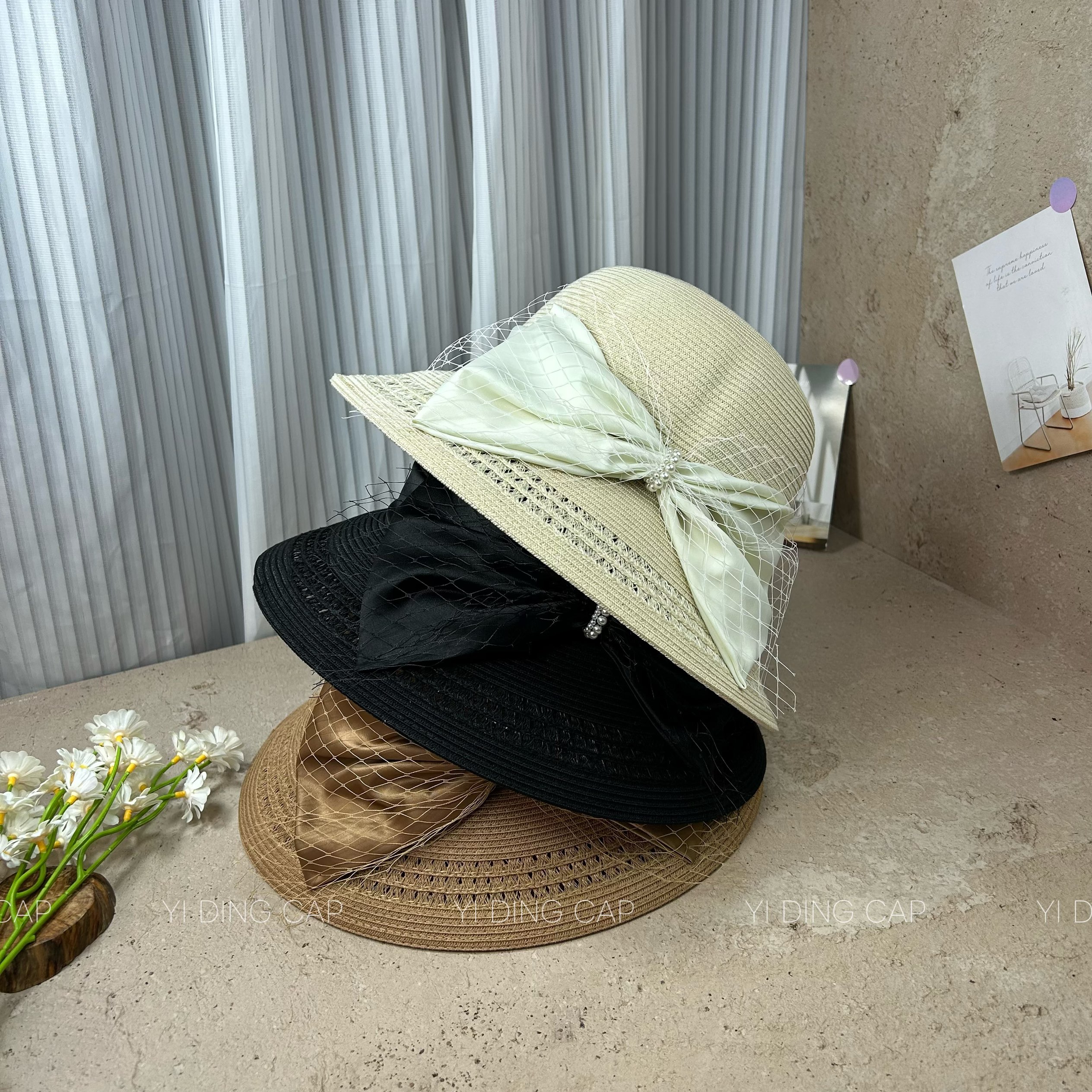韩版仿麻镂空蝴蝶结遮阳帽女