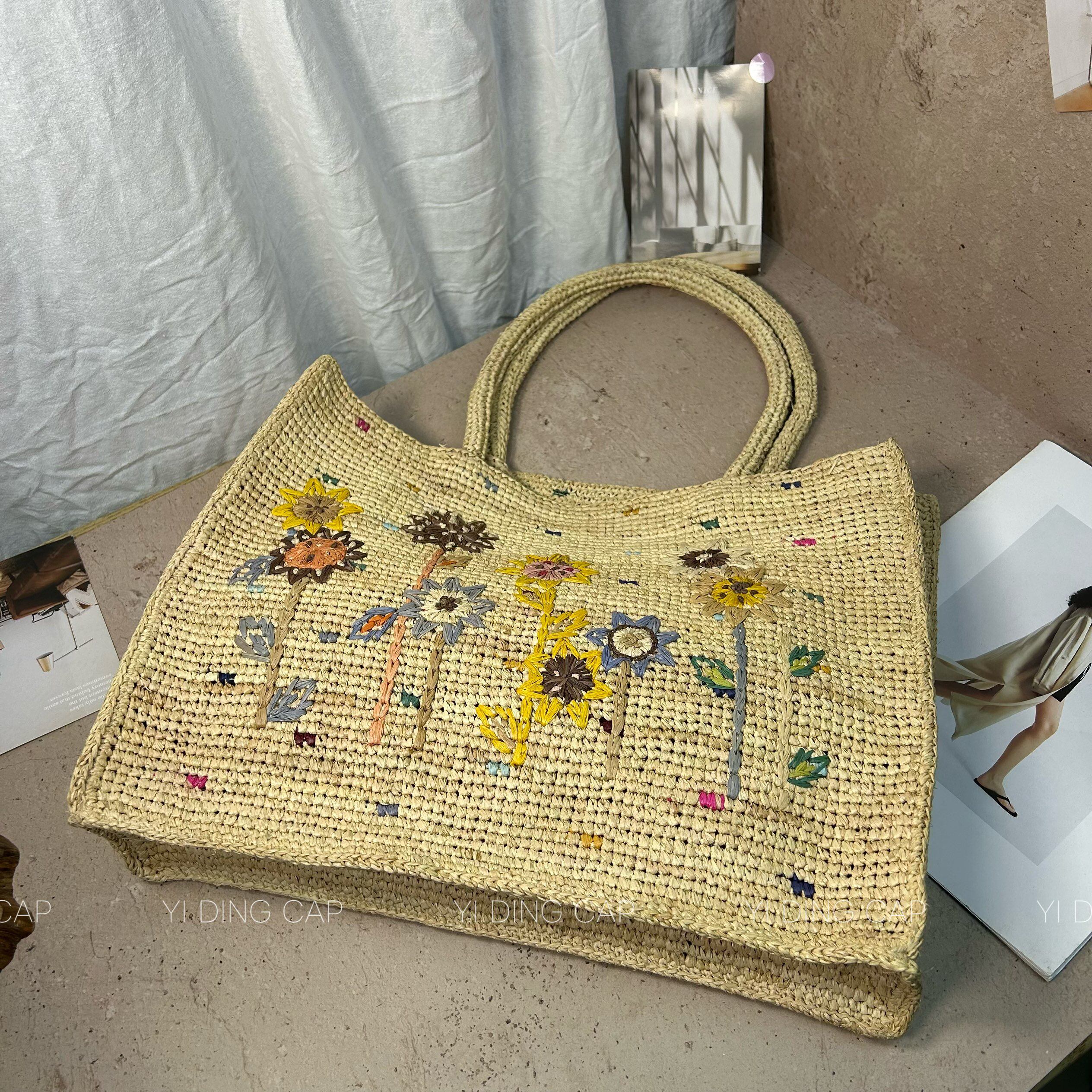 夏日田园手工钩针拉菲草托特包女