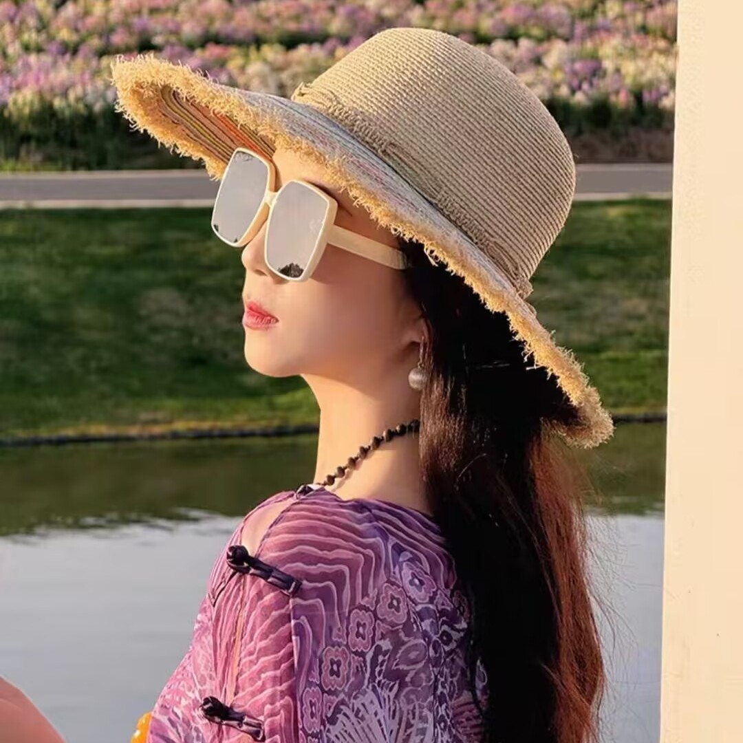 夏季拉菲草彩色彩虹草帽女