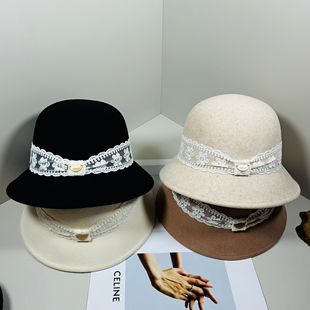 日本CA4LA同款蕾丝蝴蝶结纯羊毛渔夫帽女秋冬复古赫本风盆帽礼帽