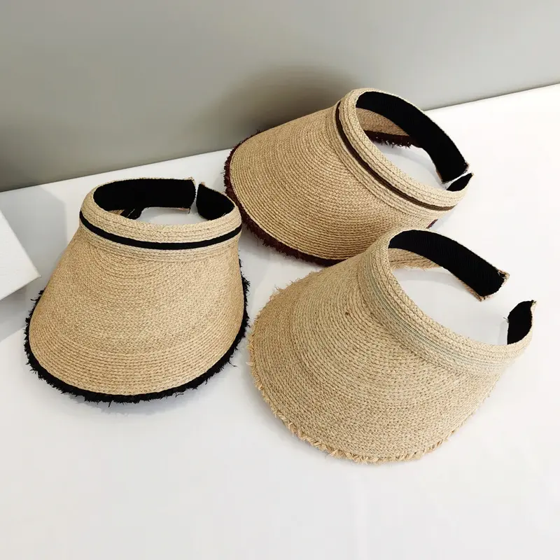细拉菲草毛边空顶帽女夏季防晒大檐遮阳帽高品质度假出游发夹帽子