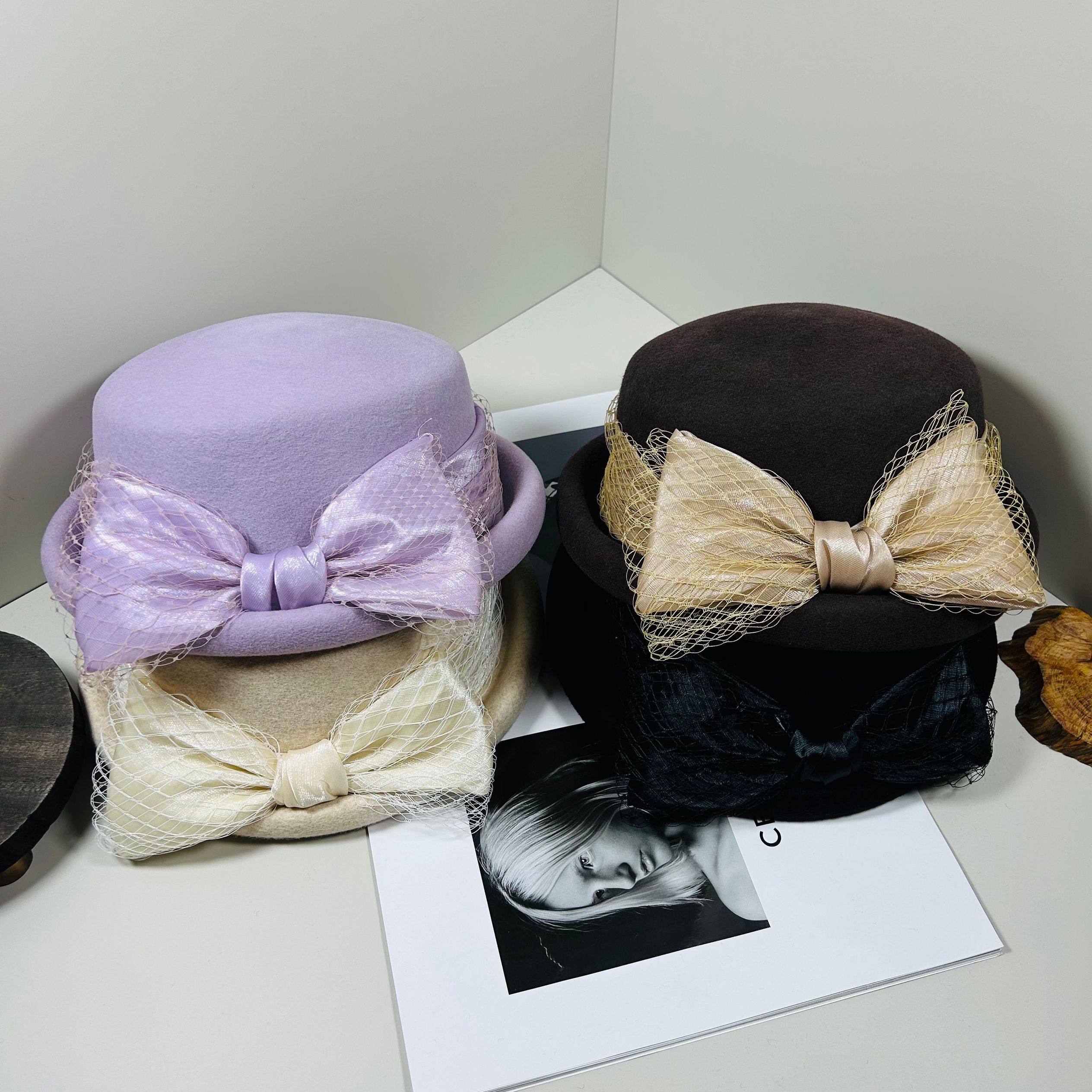 洛可可风秋冬网纱蝴蝶结装饰纯羊毛卷边盆帽女时尚百搭保暖毡帽潮