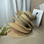 高端轻奢重工钩针拉菲草镂空平顶帽女夏季 海边沙滩帽遮阳防晒草帽